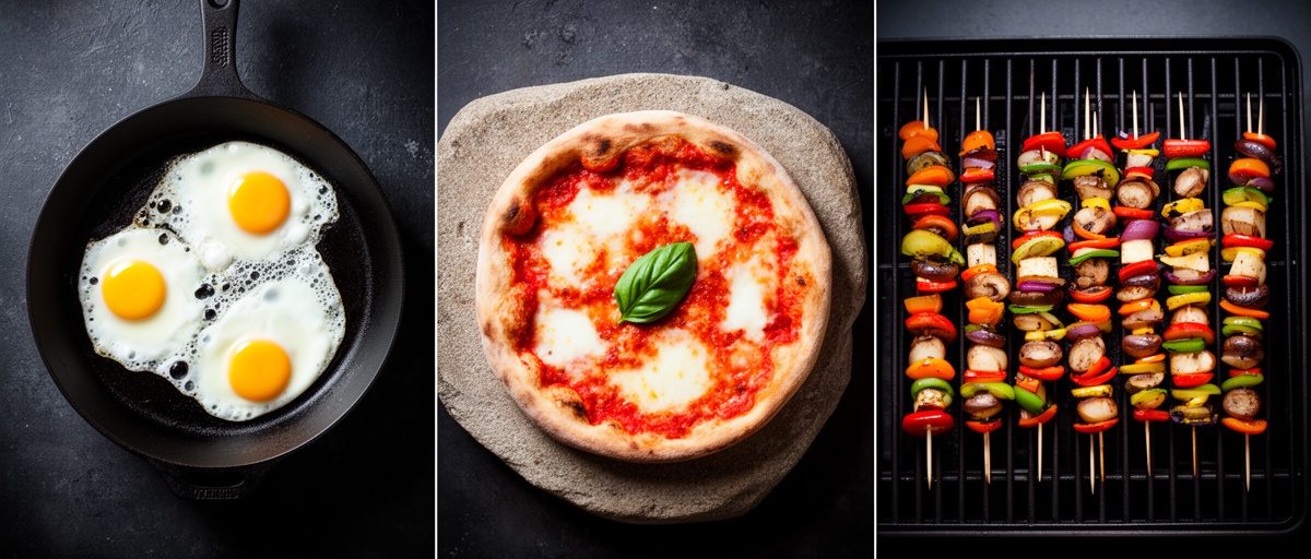 Fried eggs, pizza and vegetable skewers cooking on the Cuisinart 3-in-1
